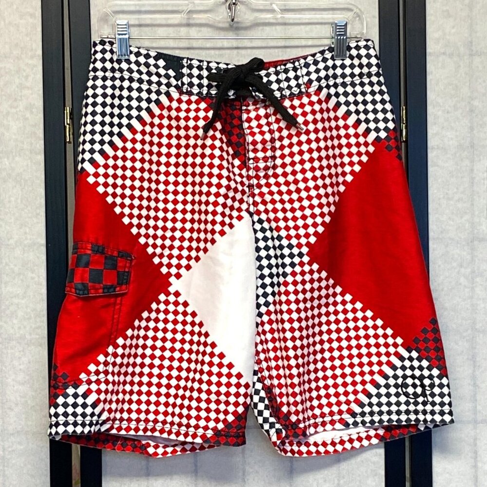 Ocean Pacific Board Short Swim Trunks 20” Checkerboard Red Black White 30